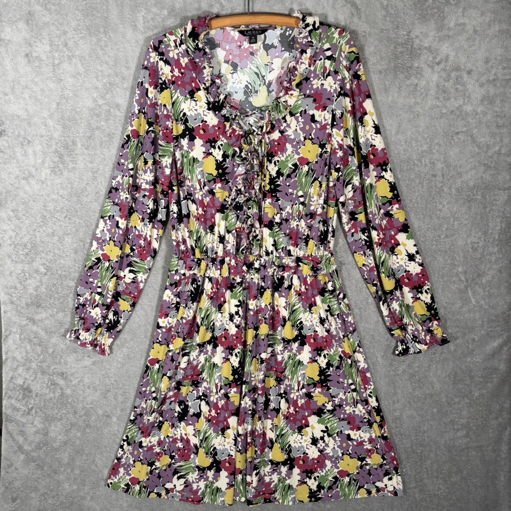Lauren Ralph Lauren Floral Ruffle Lace Up VNeck Fit Flare Dress Purple Yellow 14